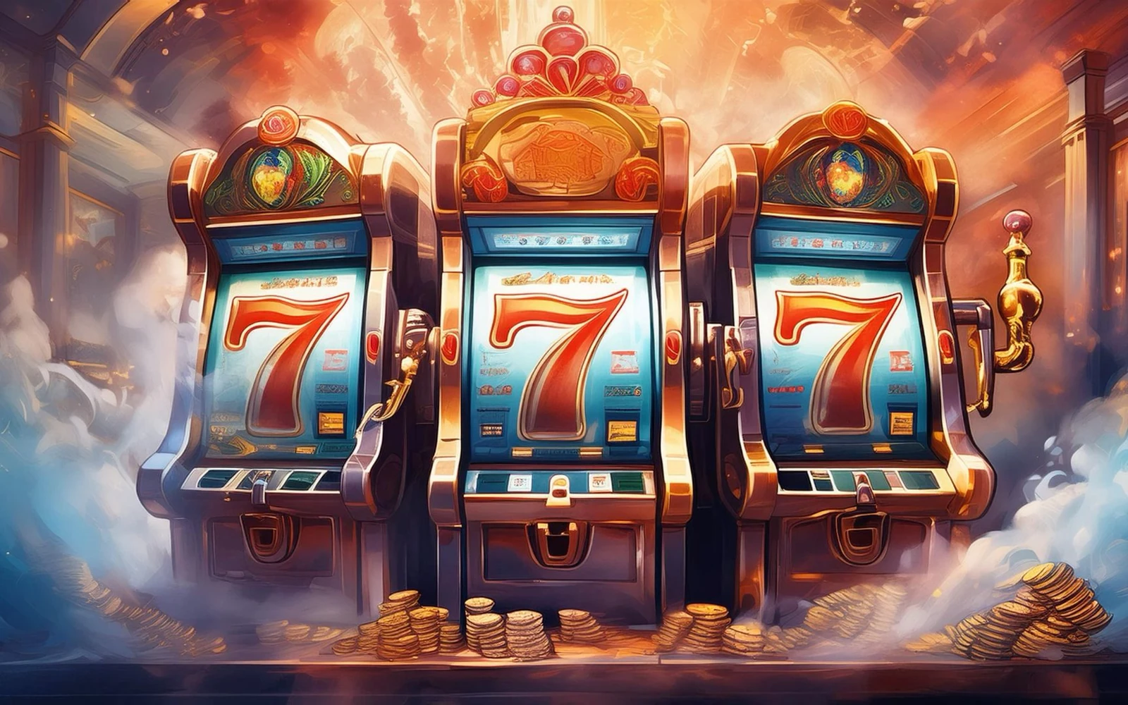 Reel permainan slot dengan simbol warna-warni dan panel fitur